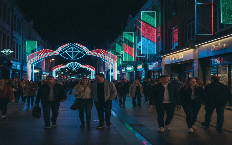 Bristol city center entertainment district illuminated at night with various leisure venues