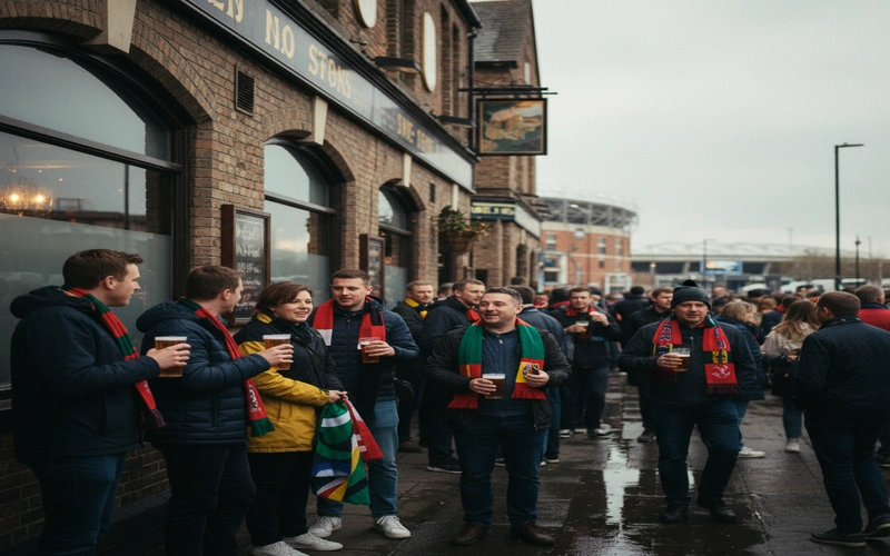 Traditional pub exterior with match day supporters gathering outside before a football fixture