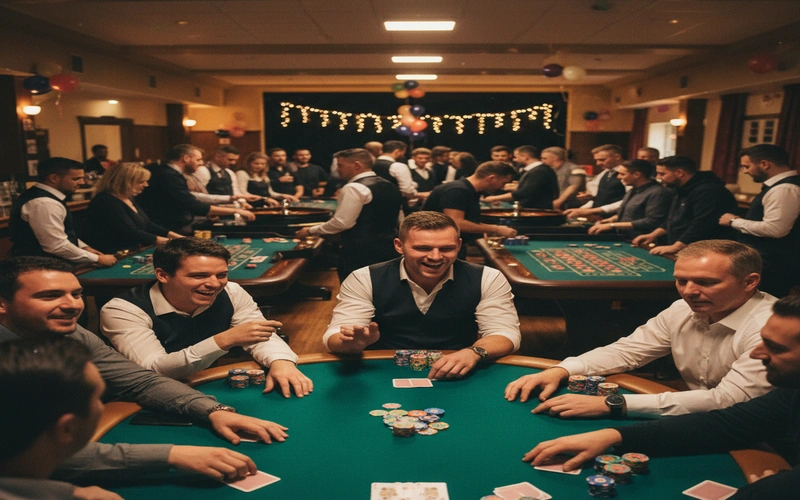 Community casino night fundraiser with poker and roulette tables set up in club function room