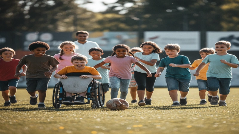 Diverse group of children participating in inclusive football activities